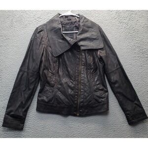 GUESS Bomber Jacket Womens Brown Faux Leather Long Sleeve Pockets Cliffside Zip‎